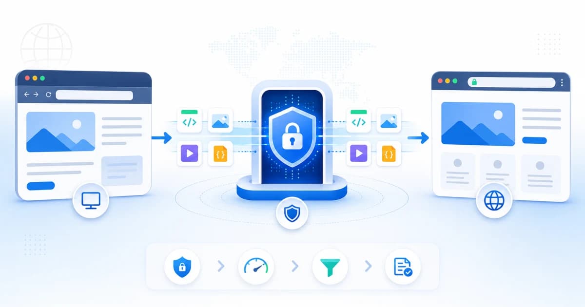 A web proxy site routes browser requests through a secure proxy gateway before loading the target website.