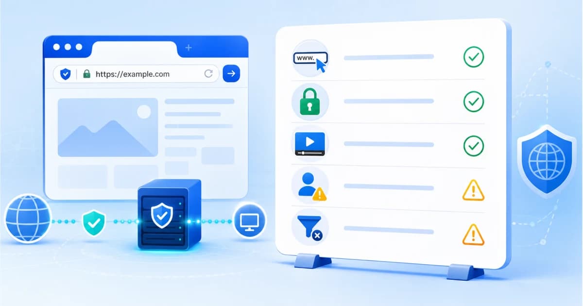 A practical troubleshooting checklist for web proxy site sessions, including HTTPS, media playback, login caution, and network filters.